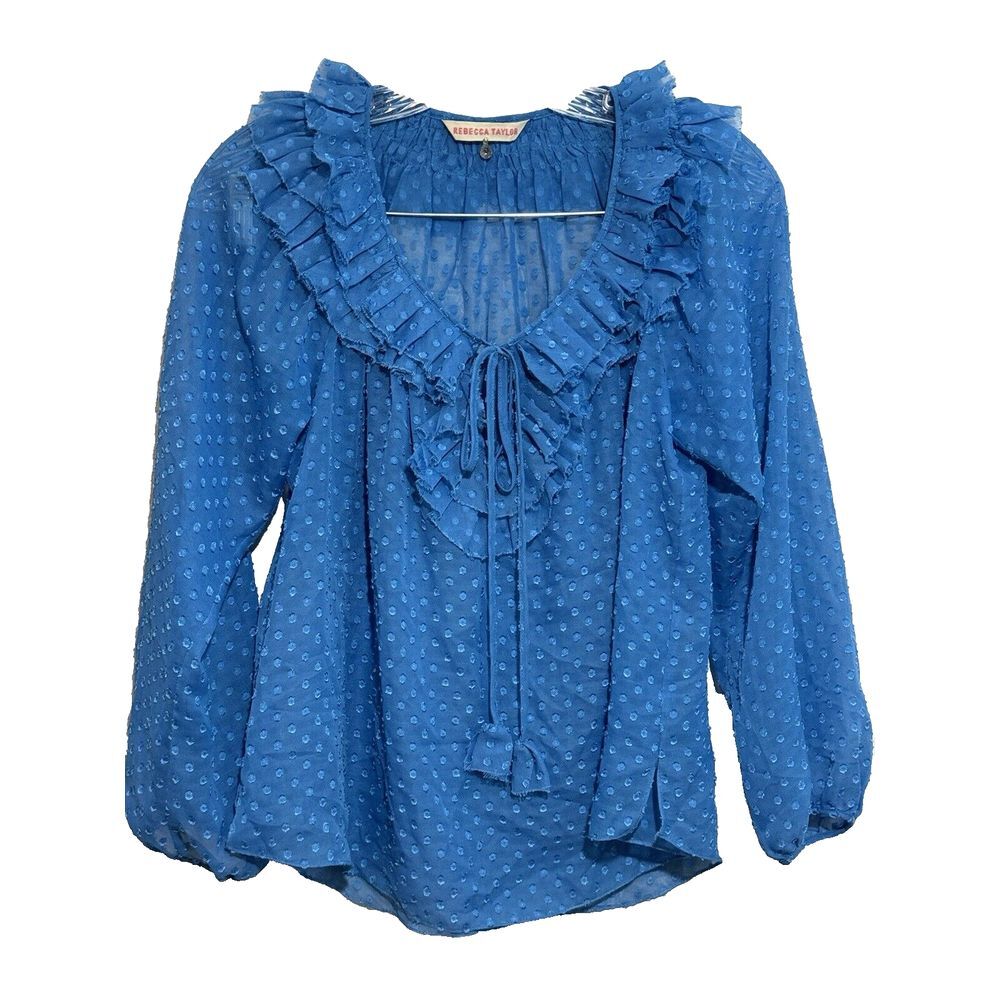 Rebecca Taylor Sheer Blouse Blue Long Sleeve Ruffle Swiss Dot Top, size 0